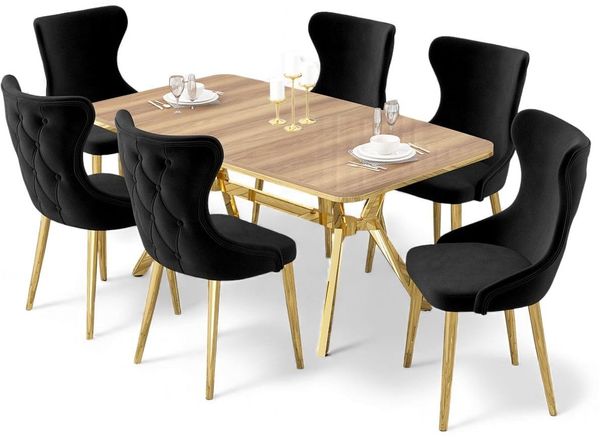 Modernes, ausziehbares Esszimmer-Set (7-teilig) – 100% lackierte Platte, Metallbeine, Eiche & Gold | Stilvoll & Langlebig
