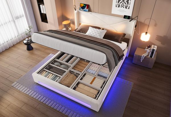 LVHOM Boxbett 140x200/160x200cm, Bettgestell mit integrierter Beleuchtung & Stauraum (USB/Typ-C-Ports, XXL-Hydraulik-Storage, freie Staubschutzhülle für Bettkasten als Geschenk, platzsparend & Smart-Home-Anschlüssen, 300 kg Tragkraft, Homeoffice, Senio...