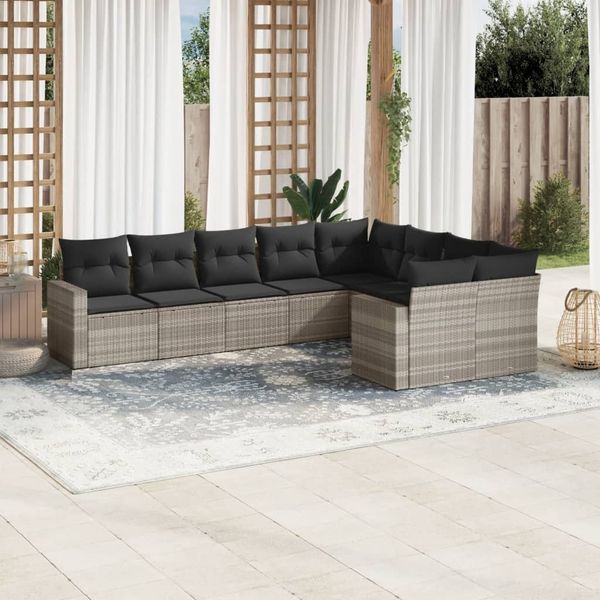 vidaXL 9-tlg. Garten-Sofagarnitur mit Kissen Hellgrau Poly Rattan 3219432