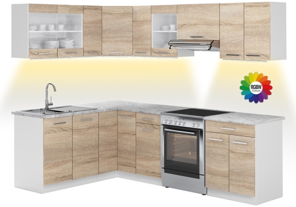 Eckküche Rick Weiß/Sonoma 247 x 60 cm , AP Marmor mit LED-Leisten Vicco