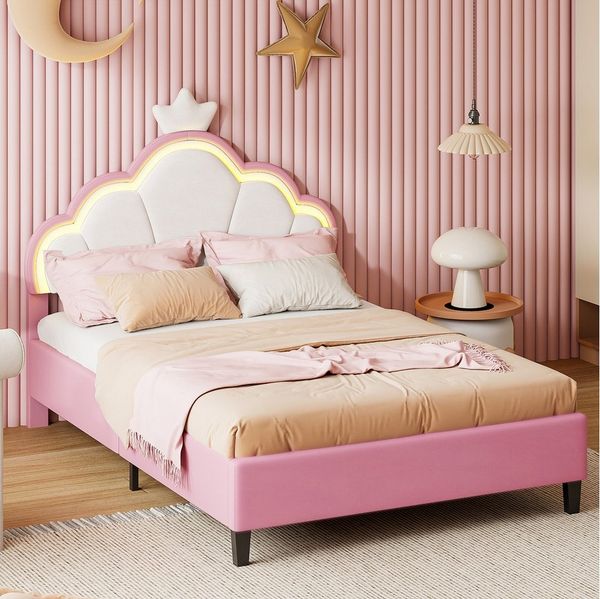 PXloue Polsterbett Kinderbett mit LED-Beleuchtung und Krönchen-Design (Kopfteil hochstellbar), Rosa Polsterbett mit LED-Beleuchtung und Krönchen-Design.
