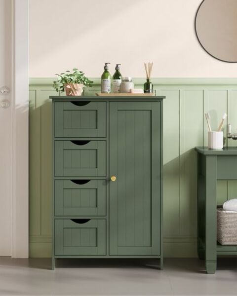 Vasagle Badezimmerschrank, schmaler Badschrank, Beistellschrank, Kommode, mit Schubladen, Schranktür, verstellbare Ablage, x x cm,, Waldgrün, 4