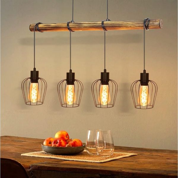 Nettlife Pendelleuchte Pendelleuchte Hängelampe 4 flammige Holz, Höhenverstellbar, LED wechselbar, Wohnzimmer Schlafzimmer Esszimmer
