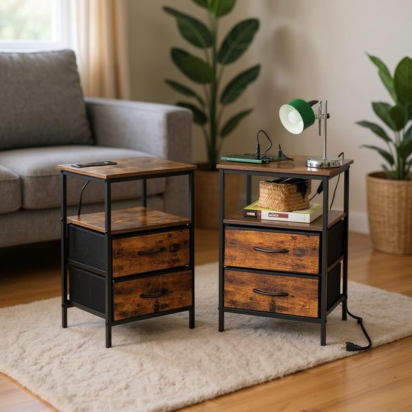 FurnitureR 2 Stück Sofa-Endstücke für Wohnzimmer, Beistelltisch mit mehreren Farben, 2 AC-Sockel, 2 USB-Anschlüsse für Drawers, 2 Schubladen aus Stoff, industrieller Retro-Stil, Braun, 40 x 30 x 60 cm