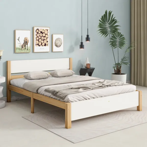 Massivholzbett, Doppelbett mit Lattenrost und Kopfteil, 140x200 cm, Holzbett, Jugendbett, Kiefer