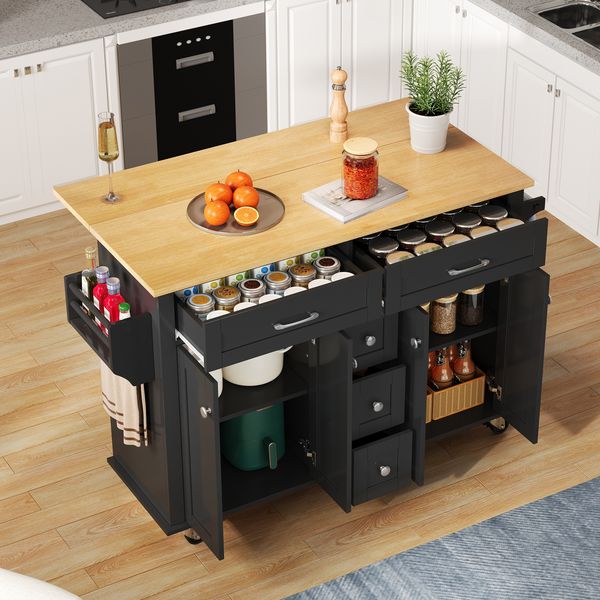 Multifunktionaler Küchenwagen mit ausklappbarer Arbeitsplatte, 120×65 cm erweiterbar, mit 5 Schubladen, Schränken, Gewürz- & Handtuchhalter, auf Rollen – Kücheninsel für Küche, Esszimmer & Wohnzimmer