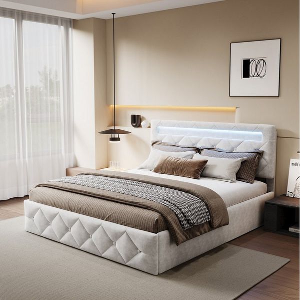 PXloue Stauraumbett Polsterbett mit Stauraum (Hochklappbares Bett 140x200 cm (Stimmungsvolles LED-Lichtband), Cremeweiß, mit stabilem Lattenrost & gepolstertem Kopfteil