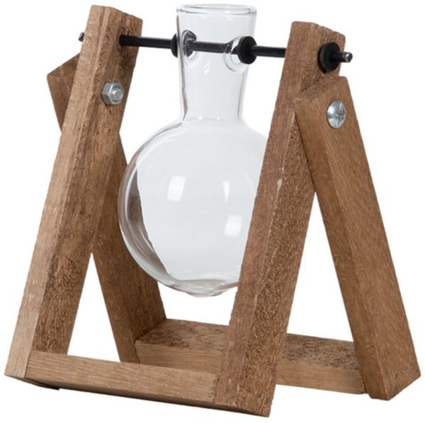 Hängende Steckling-Vase aus Glas mit Holzgestell – Aufzuchtstation für Pflanzen