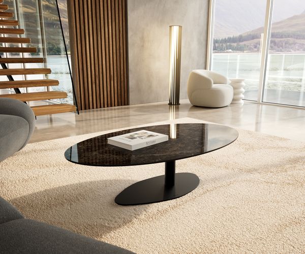 Couchtisch Edge Oval 140x80 cm Keramik Emperador Extra Lucidato Dunkelbraun Vibany Metall Schwarz
