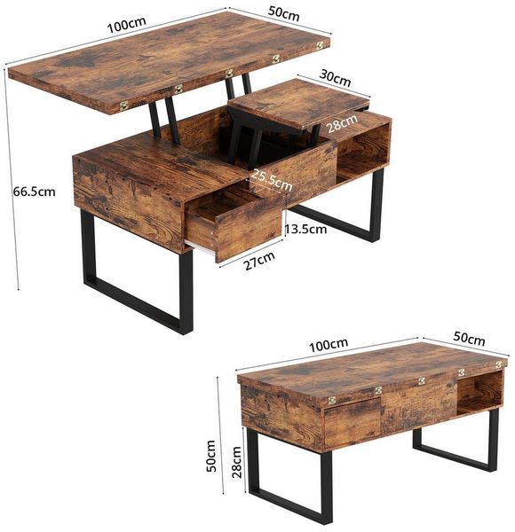 VOWNER Couchtisch 3-in-1-Multifunktions-Wohnzimmertisch, Höhenverstellbar, 1 Schublade + offene Ablagefächer + verstecktes Fach