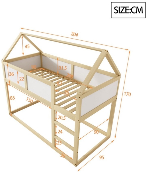 Merax Etagenbett (1-St), Hochbett 90x200cm mit Leiter & Dach, Massivholz Kinderbett Jugendbett Bild 3