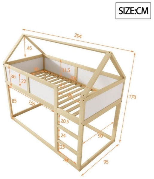 Merax Etagenbett (1-St), Hochbett 90x200cm mit Leiter & Dach, Massivholz Kinderbett Jugendbett Bild 4