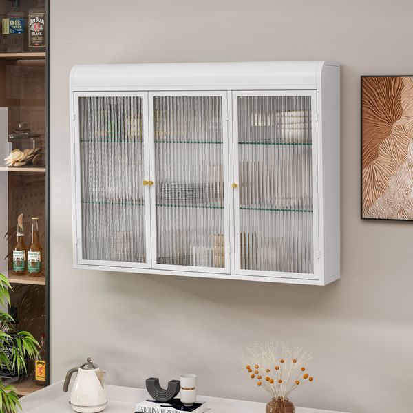 Wandvitrine mit 3 Glastüren, Metall & Glas, Weiß