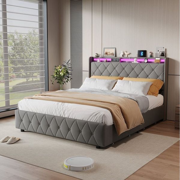 ADWOLT Stauraumbett Polsterbett mit Lattenrost und LED-Beleuchtung, Jugendbett 140x200 cm mit USB&Type-C,Doppelbett mit 4 Schubladen,Grau