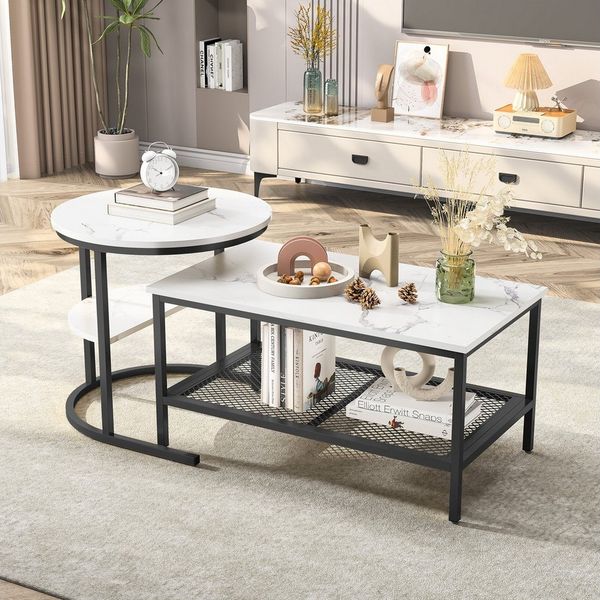 PXloue Couchtisch Satztisch Beistelltisch stapelbarer Sofatisch, mit Bodenschutz (Ideal für Wohnzimmer & Büro, Platzsparendes stapelbares Design), Marmormuster Beistelltisch mit Ablageboden,80x46x41cm+Ø52x51cm