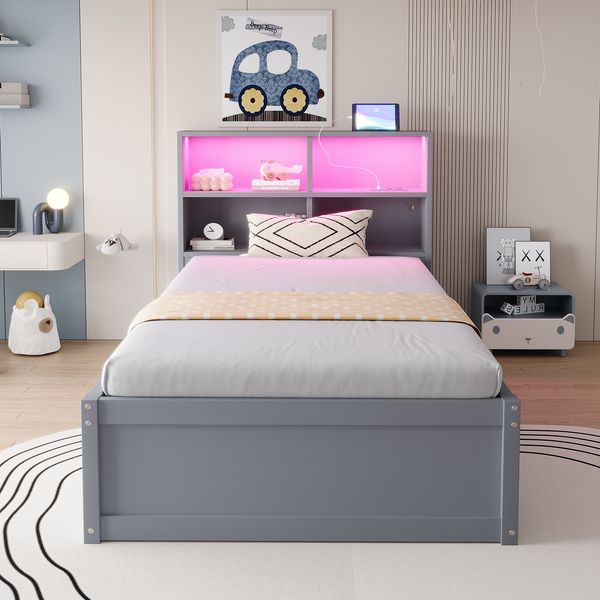 Bett 90x200 cm aus Massivholz mit Stauraum und LED-Beleuchtung