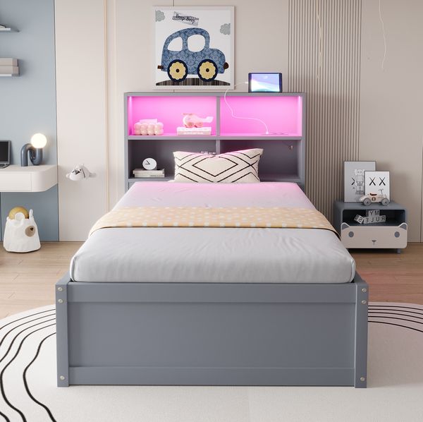 Bett 90x200 cm aus Massivholz mit Stauraum und LED-Beleuchtung