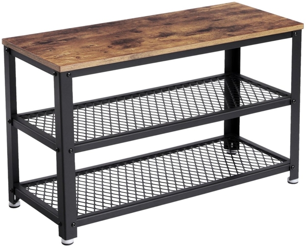Vasagle Schuhbank mit 2 Ablagen, Holzspanplatten und Metall, vintagebraun-schwarz, 73 x 30 x 45 cm
