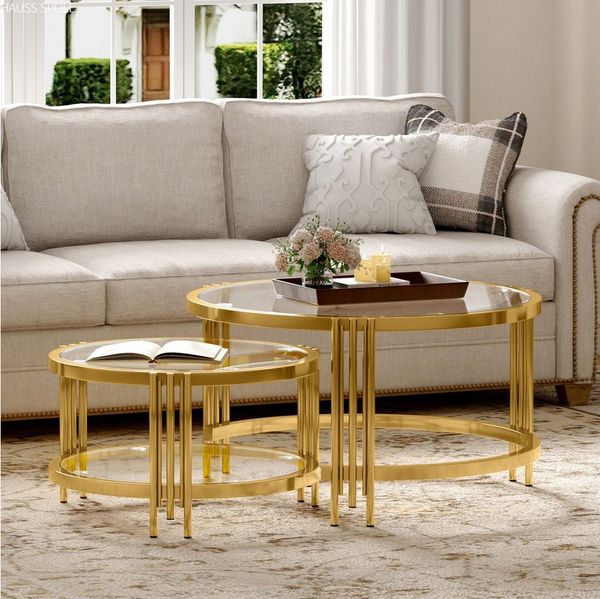 HAUSS SPOLE Couchtisch 2er Goldener Kaffeetisch Glasplatte, Nestingtische mit Metallgestell (2er Satztisch Wohnzimmertisch-Set mit Glasplatte im Glamour-Stil, 2 runde Tische), Titan-goldfarbene Metallkonstruktion mit luxuriöser Ausstrahlung