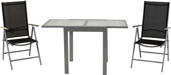 Amalfi Set 3tlg, 2 Klappsessel, Balkonausziehtisch 65 (130) x 65 cm matte Glasplatte, schwarz