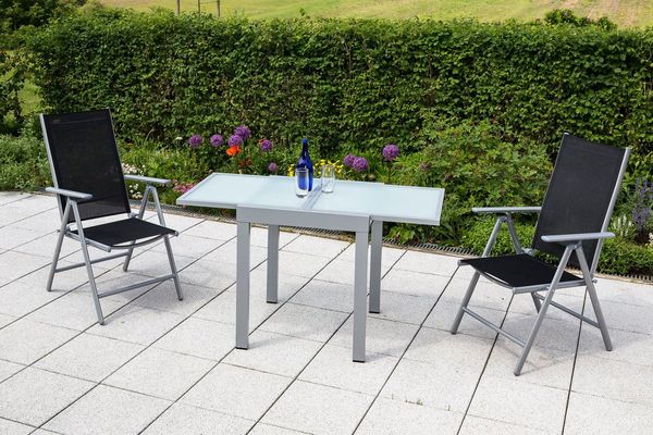 Amalfi Set 3tlg, 2 Klappsessel, Balkonausziehtisch 65 (130) x 65 cm matte Glasplatte, schwarz