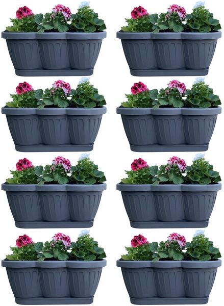 8er Set 40cm Blumenkasten Balkonkasten Pflanzkasten Anthrazit im Wellendesign inkl. passenden Bewässerungsuntersetzer