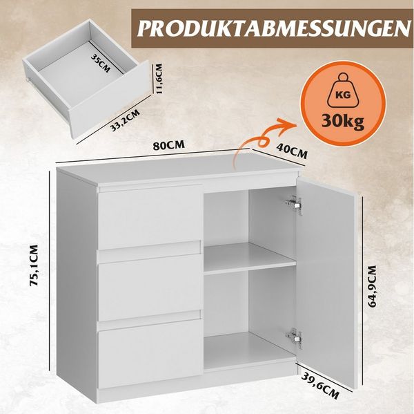 WLIVE Sideboard Kommode, Breite 80 cm, Sideboard mit 3 Schubladen & 1 Tür, (Packung, leise Schienen, viel Stauraum), Soft-Close-Funktion, Anrichte für Wohnzimmer & Flur, Weiß