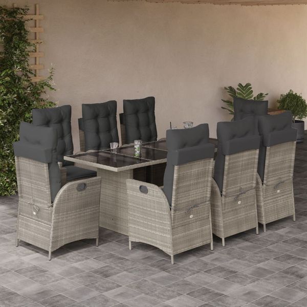 vidaXL 9-tlg. Garten-Essgruppe mit Kissen Hellgrau Poly Rattan 3213131