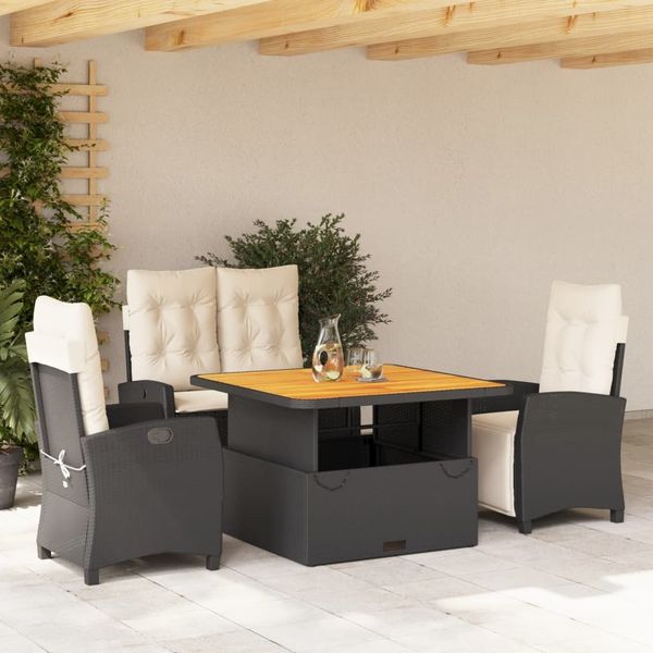 vidaXL 4-tlg. Garten-Essgruppe mit Kissen Schwarz Poly Rattan 3277381