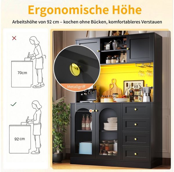 Odikalo Küchenbuffet Küchenschrank Buffetschrank mit LED-Lichtleiste & Getränkehaltern (120 x 40 x 188 cm, Landhausstil, 4 Türen, Schwarz/Weiß) Bild 4