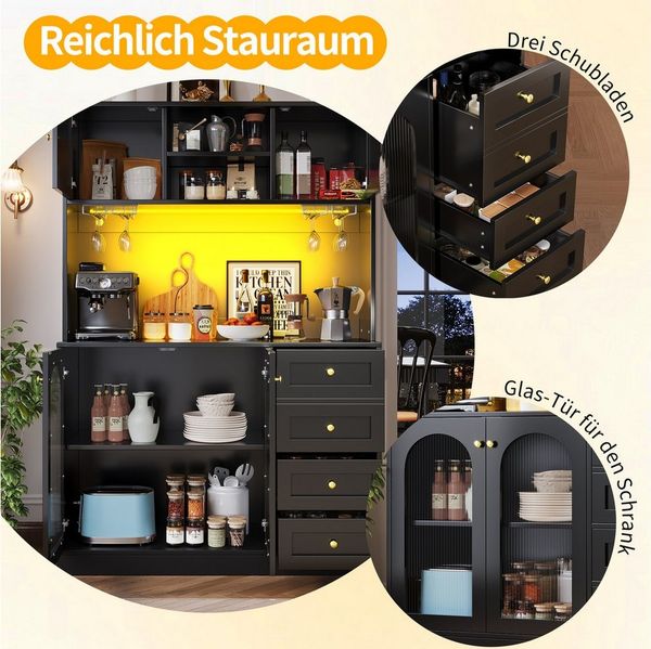Odikalo Küchenbuffet Küchenschrank Buffetschrank mit LED-Lichtleiste & Getränkehaltern (120 x 40 x 188 cm, Landhausstil, 4 Türen, Schwarz/Weiß) Bild 3