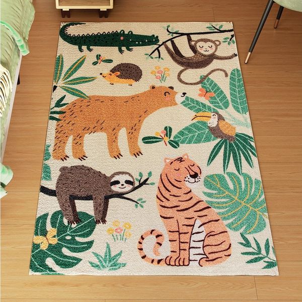 HOMCOM Teppich Anti-Rutsch Wohnzimmerteppich Kurzflor mit Dschungel-Muster, Rechteckig, Höhe: 10 mm, für Wohnzimmer Terrasse Balkon & Küche, 150 x 80 cm, Mehrfarbig