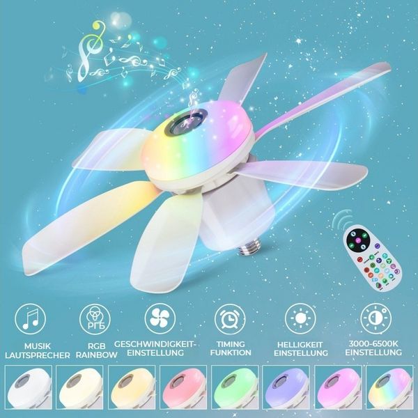 QUBEBU Deckenleuchte RGB Deckenventilator mit Beleuchtung Licht Fernbedienung Musik-Player, LED fest integriert, RGB Farbwechsel(3000~6500K), 200oLM, mit Bluetooth Lautsprecher, Timer Funktion, 6 Flügeln, für Wohnzimmer Schlafzimmer Küche Hotel.