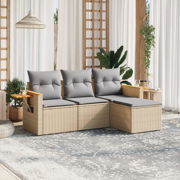 vidaXL 4-tlg. Garten-Sofagarnitur mit Kissen Beige Poly Rattan 3226745