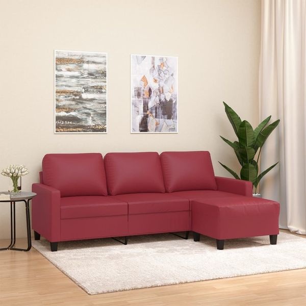3-Sitzer Sofa, Couch Wohnzimmer mit Hocker Weinrot 180 cm Kunstleder