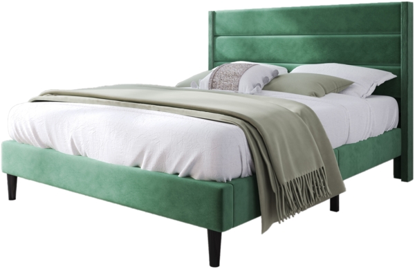 Polsterbett Liegefläche 140x200 cm, Samt Dunkelgrün, gestepptes Kopfteil, Lattenrost inklusive