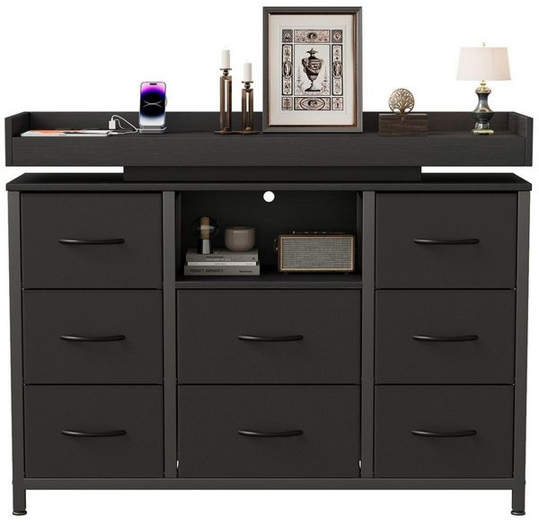 FUROKOY TV-Schrank Kommode mit 8 Schubladen aus Stoff (Fernsehschrank Sideboard Metallgestell, Industrie-Design) für Schlafzimmer Wohnzimmer Flur, 108 x 30 x 82 cm