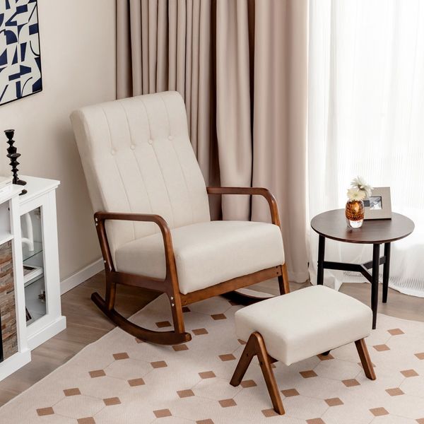 Gepolsterter Schaukelstuhl mit Hocker & Kissen Schaukelsessel mit Holzrahmen Beige