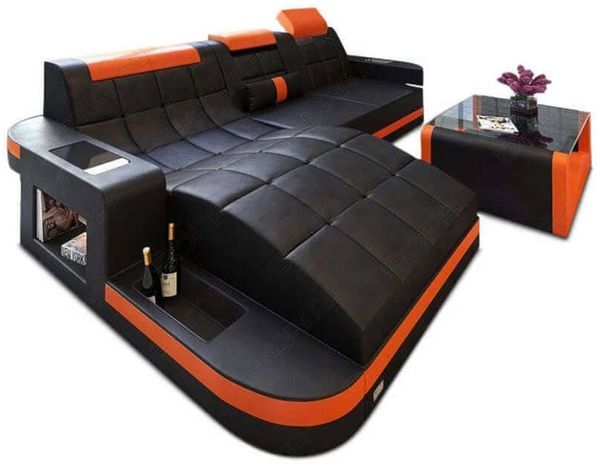 Mini Design Ledersofa Wave L-Form mit LED - Echtleder - Schwarz-Orange - Links