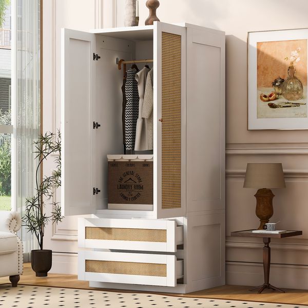 Merax Kleiderschrank 70*55*170cm, mit Schubladen und Ablagefächern, Türen aus Kunstrattan, Weiß