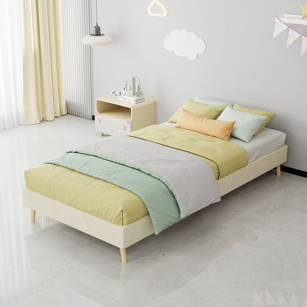Bettgestell 90x200 cm in Beige – gepolstertes Kinderbett aus Stoff und Metall mit Stauraum