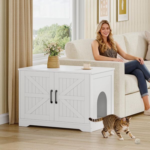 Katzenklo Schrank, Katzenklo Versteckt Schrank Möbel, Katzenhaus Holz, Katzenschrank Beistelltisch mit Seiteneingang, Bauernhausstil, für Wohnzimmer, 80 x 50 x 55 cm, Weiß