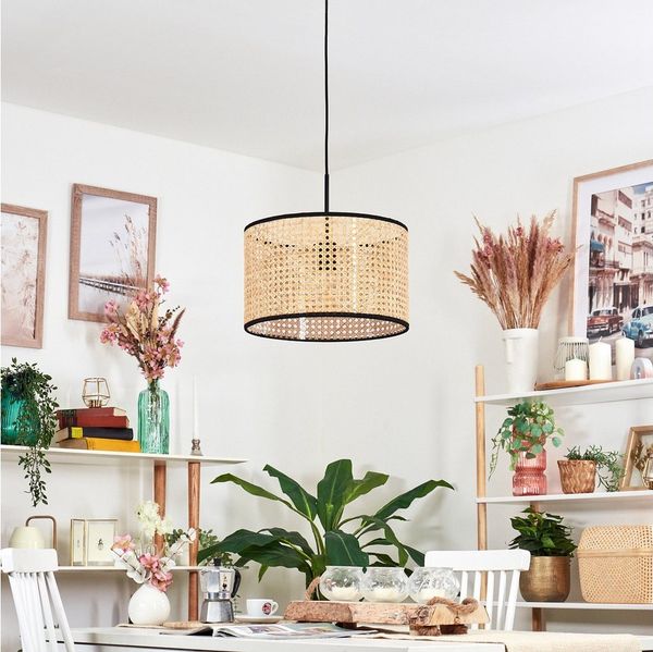hofstein Hängeleuchte Hängelampe aus Metall/Rattan/Wiener Geflecht/Stoff in Schwarz/Natur, ohne Leuchtmittel, moderne Hängeleuchte im Retro/Vintage-Design, E27, Höhe max. 149 cm