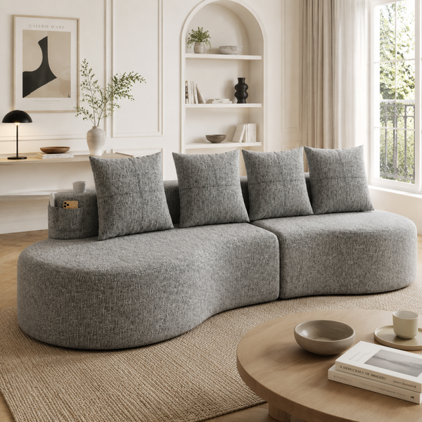 Chaiselongue-Sofa, kein Aufbau, Seitentaschen, Grau