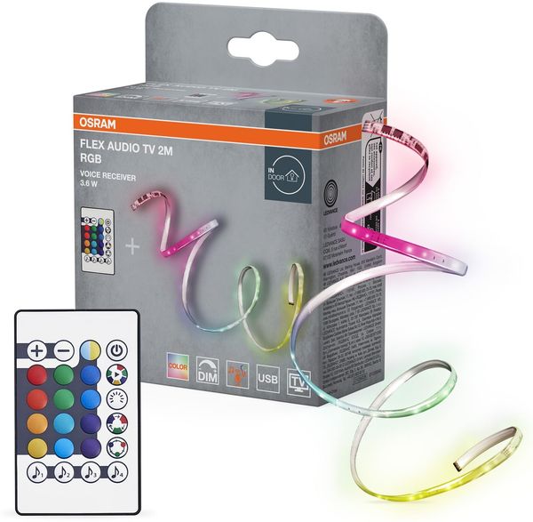 Osram FLEX AUDIO TV 2M LED-Streifen VR, weiß, 3,5W, 55lm, integrierter Sound-Receiver, RGB-Farbsensor, Fernbedienung, lange Lebensdauer, einfache Montage, USB-Anschluss, Schutzklasse IP20