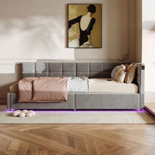 FUROKOY Polsterbett Daybett Tagesbett mit Stauraum, Schlafsofa,Jugendbett,90x200cm,Samt,Grau