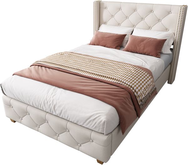 Polsterbett 90x200 cm, Leinen bezogen mit Knopf‑Tufting und Nieten‑Kopfteil, stabile Holzbeine,Beige,Matratzen enthalten