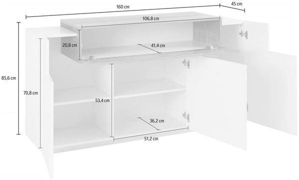 Dmora Kommode Aschly, 3-türiges Küchen-Sideboard, Wohnzimmer-Buffet, 100 % Made in Italy, 160 x 45 x 86 cm, glänzendes Weiß und Ahorn, Bild 3