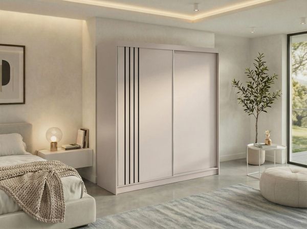 Schwebetürenschrank NAURU mit Lamellen-Optik, moderner Kleiderschrank, Breite 200 cm, inkl. Innenausstattung & Stauraum, Akustikpaneel-Design - Kaschmir und Schwarz - mit Schubladen