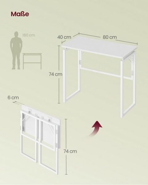 VASAGLE Klappbarer Computertisch, Klapptisch, Schreibtisch mit abgerundeten Ecken, platzsparend für Schlafzimmer, weiß Bild 5